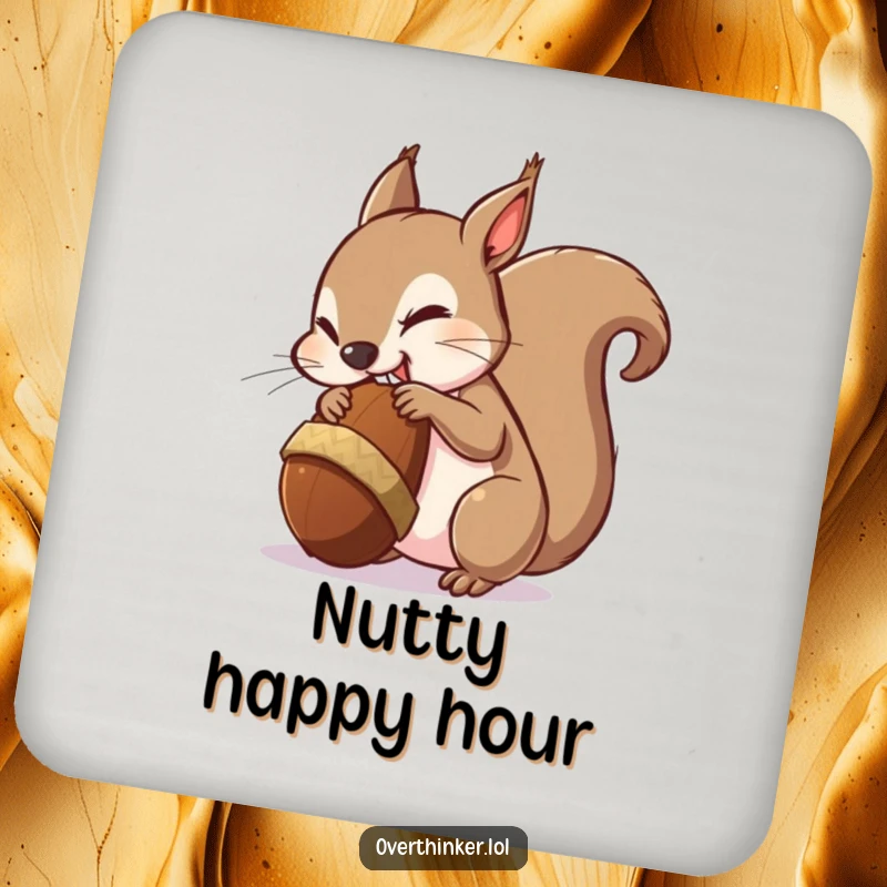 Funny drink coaster featuring a squirrel looking anxious while trying to manage an oversized acorn.