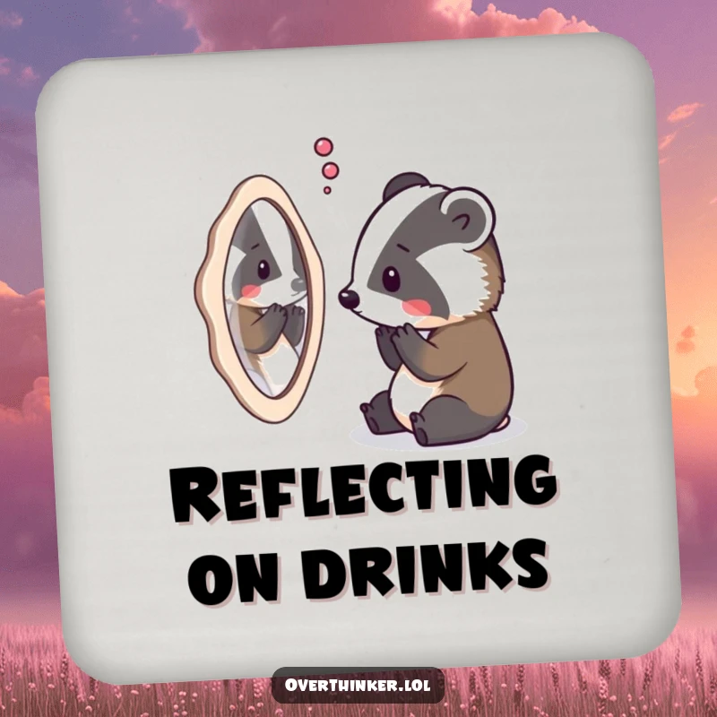 Funny drink coaster with an overthinking badger staring at its reflection, symbolizing introspection and self-awareness.