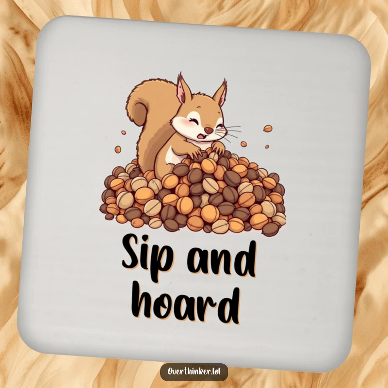 Funny drink coaster featuring a cute squirrel looking protective over a pile of nuts. Protects surfaces with a humorous animal design.