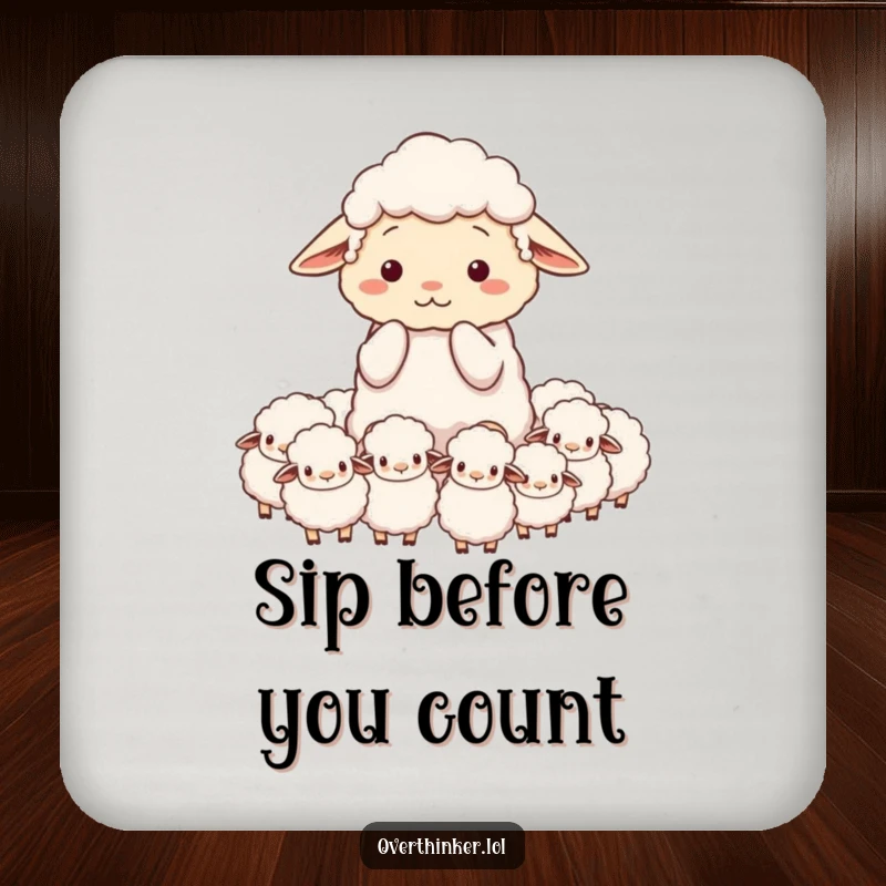 Funny drink coaster featuring an overwhelmed sheep character counting an excessive number of sheep, perfect for table protection.
