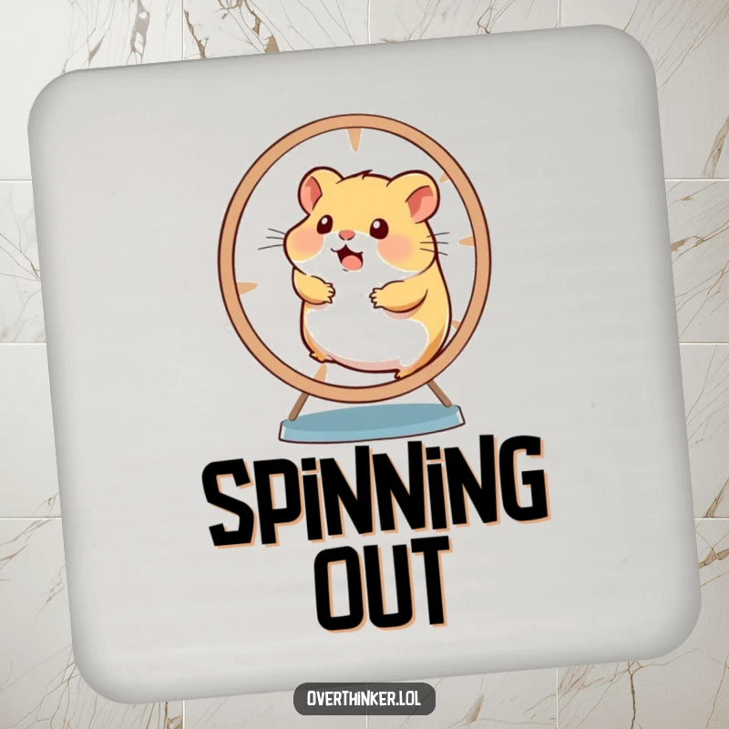 Funny drink coaster displaying a hamster spinning a wheel, looking utterly overwhelmed and slightly panicked.