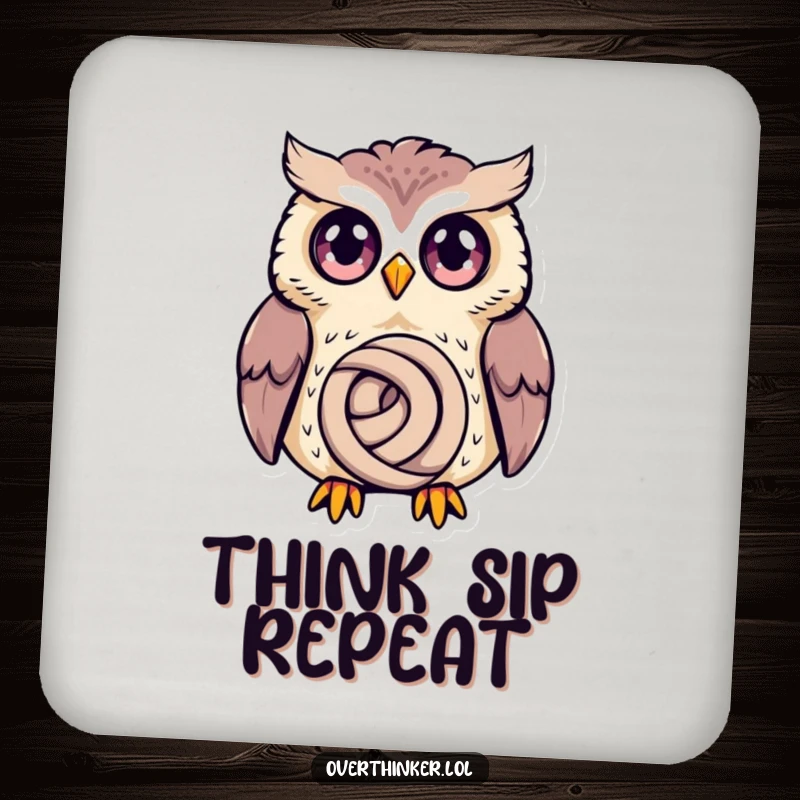Funny Owl Coaster showing a wide-eyed owl deeply thinking about a small knot, a humorous accessory.