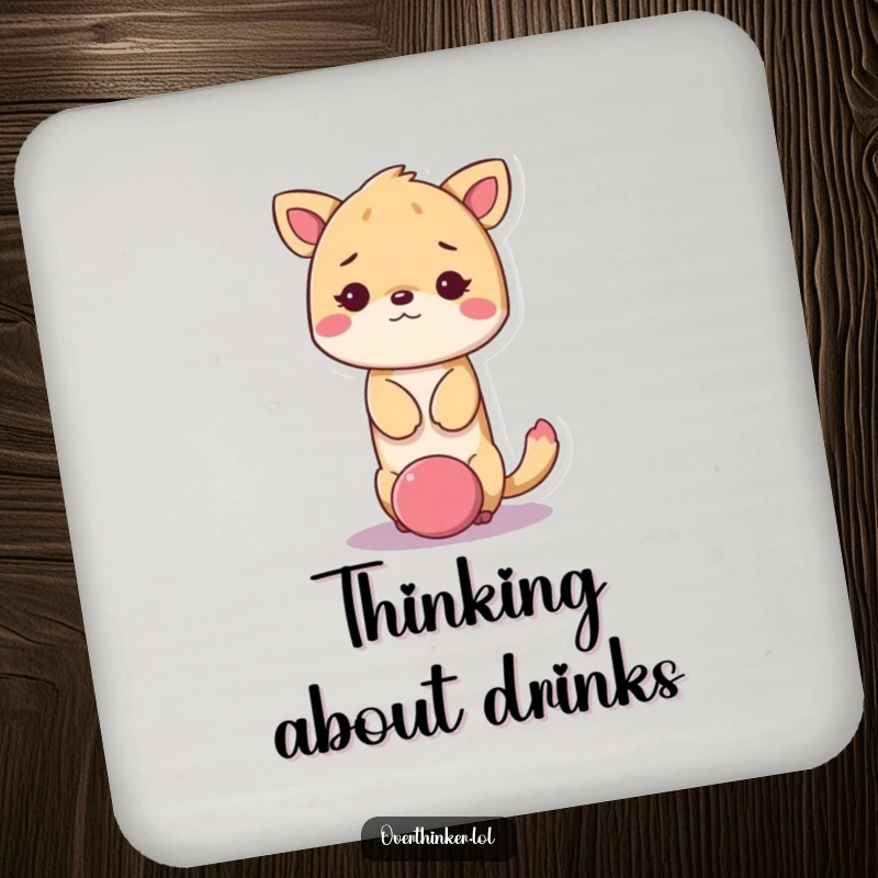 Funny kawaii animal coaster showing a cute animal with its head stuck in a giant question mark, looking dazed.