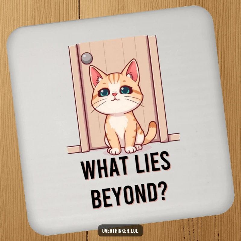 Funny drink coaster with a cat displaying intense concentration while staring at a closed door, adding feline mystery to tabletops.