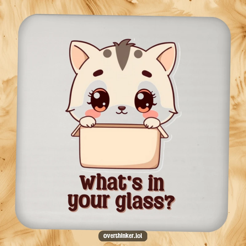 Funny kawaii drink coaster featuring a cute animal character wide-eyed, pondering an empty box, protecting surfaces with charm and humor.
