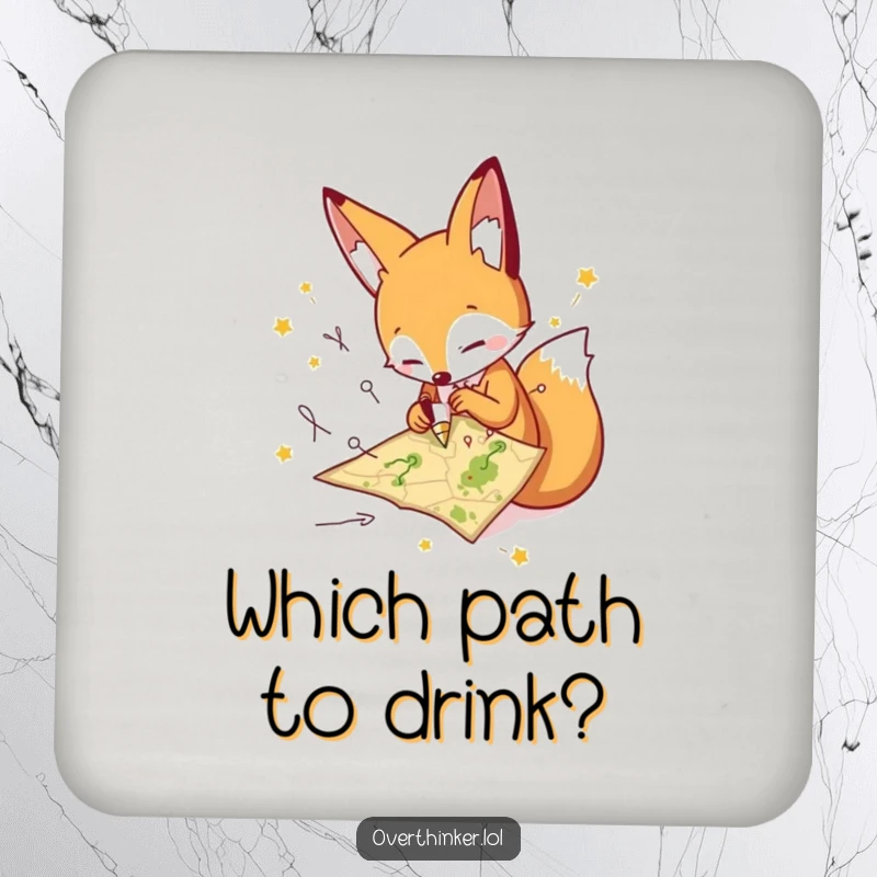 Funny fox coasters featuring a frantic character drawing many paths on a tiny map, offering humorous surface protection. Ideal gift.
