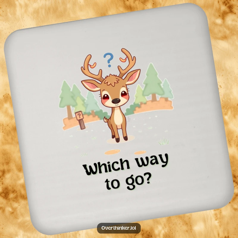 Funny drink coaster with an overthinking deer looking confused at a fork in the path, symbolizing life's uncertain journeys.