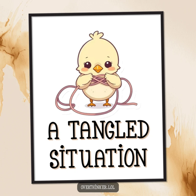 Funny Bird Poster print of a small bird character trying to untangle a messy knot of yarn. Charming and humorous wall art.