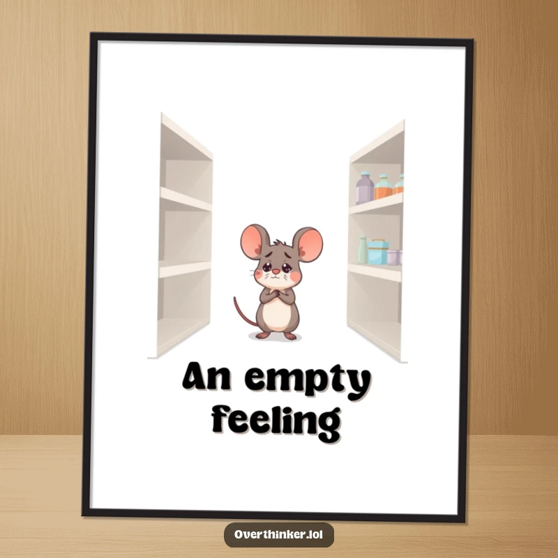 Funny poster of a worried mouse overlooking an empty pantry, a humorous piece of art for kitchens and dining spaces.