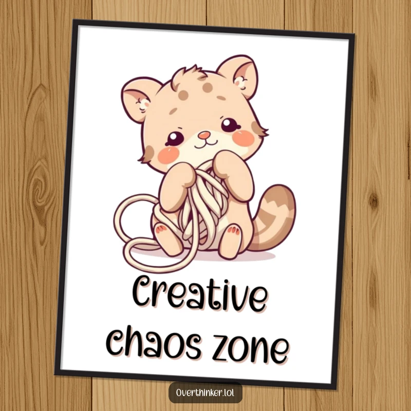 Funny poster art of a cute animal character hopelessly entangled in a giant skein of yarn, expressing mild panic and amusement.