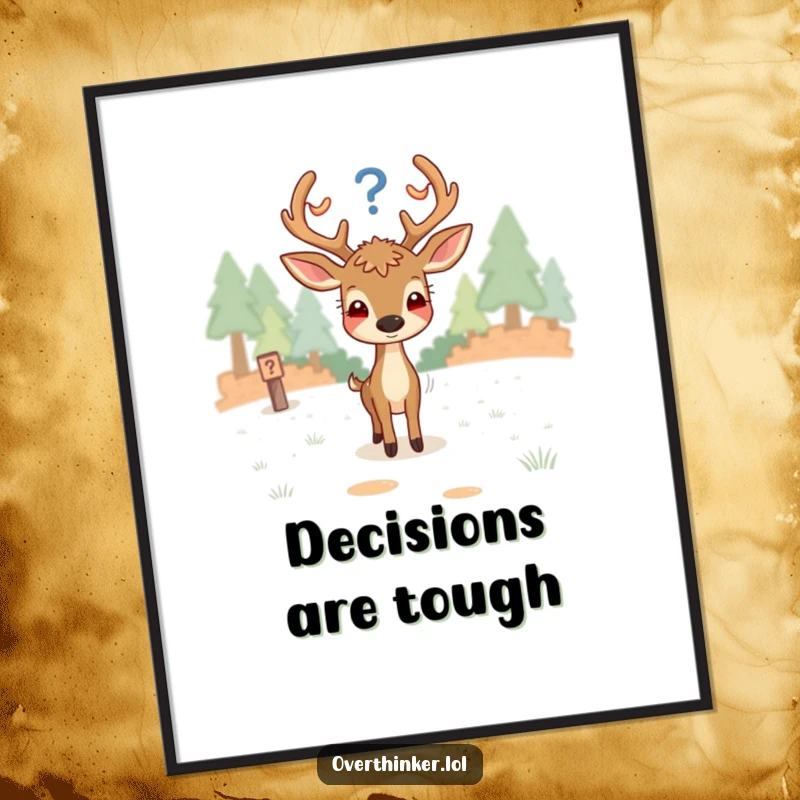 Funny art poster of an overthinking deer looking utterly perplexed at a fork in the path, representing life's dilemmas.