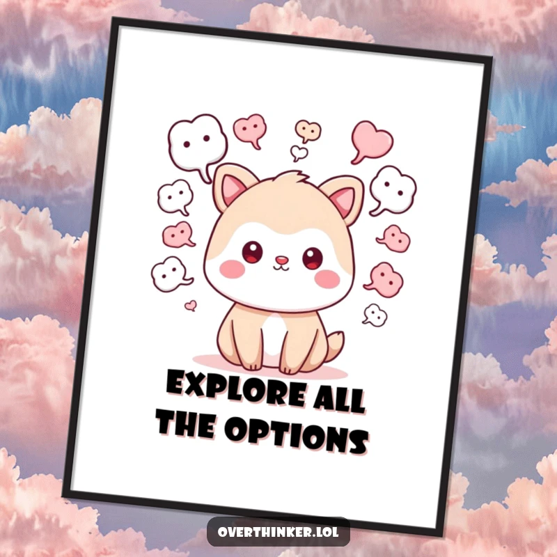 Funny kawaii poster art of a cute animal character with numerous 'what if' thought bubbles, symbolizing boundless imagination and curiosity.