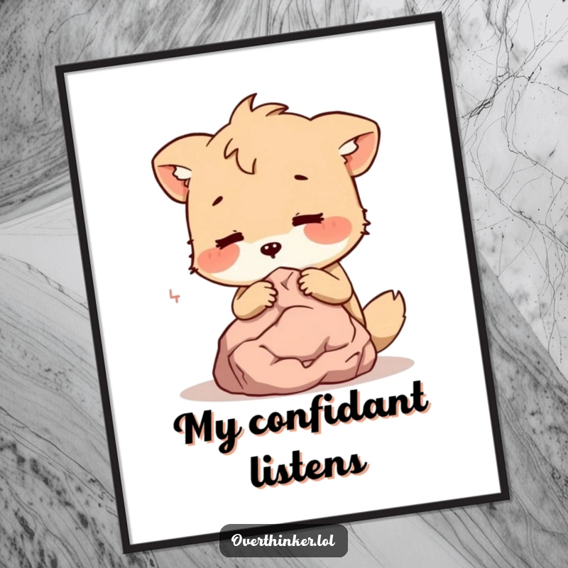 Funny Poster: An animal character whispers secrets into the ear of a very small, silent rock, creating a humorous art piece.