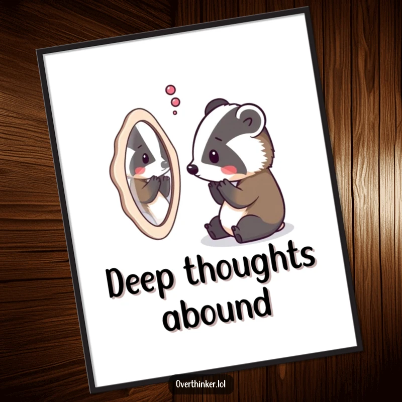 Funny art poster of an overthinking badger staring intently at its own reflection, deep in existential thought.