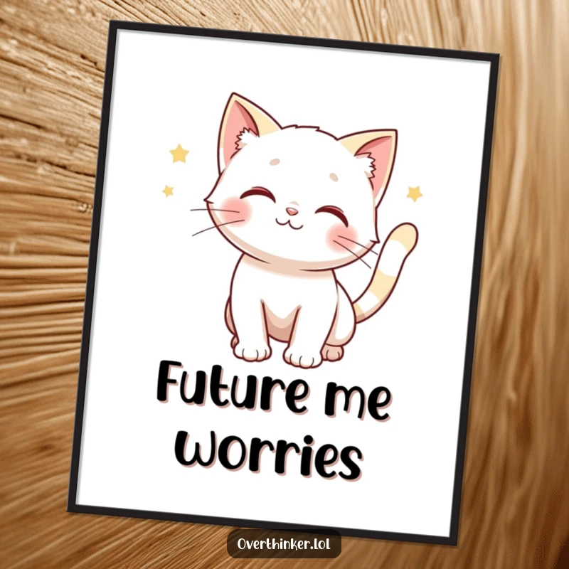 Funny poster of a cat with a rapidly twitching tail, contemplating various potential outcomes with playful suspense.