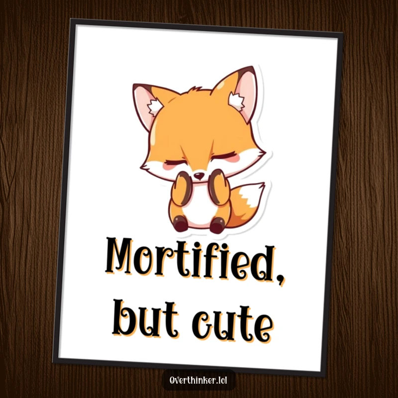 Funny poster artwork of a fox character hiding its face in its paws, vividly expressing feelings of embarrassment and shyness.