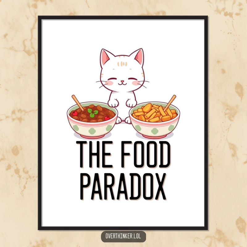 Funny Kawaii cat poster print depicting a cute cat looking back and forth between two identical food bowls, adding a humorous touch.