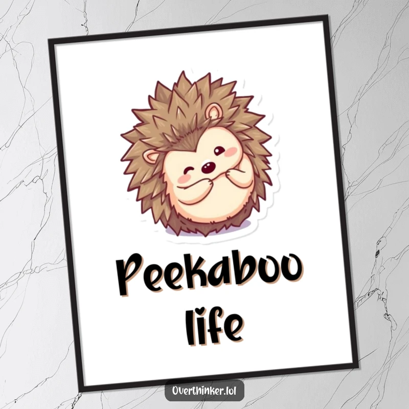 Funny Kawaii hedgehog poster, a cute character curling into a ball then peeking out inquisitively with wide-eyed wonder.