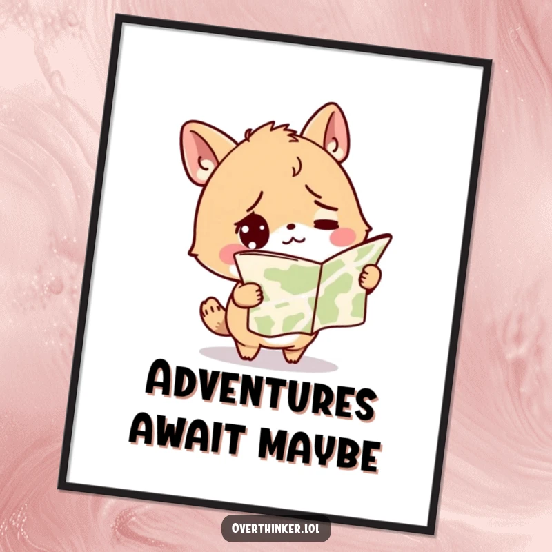 Funny poster art of a cute, confused animal character holding a map upside down, looking completely lost and bewildered.