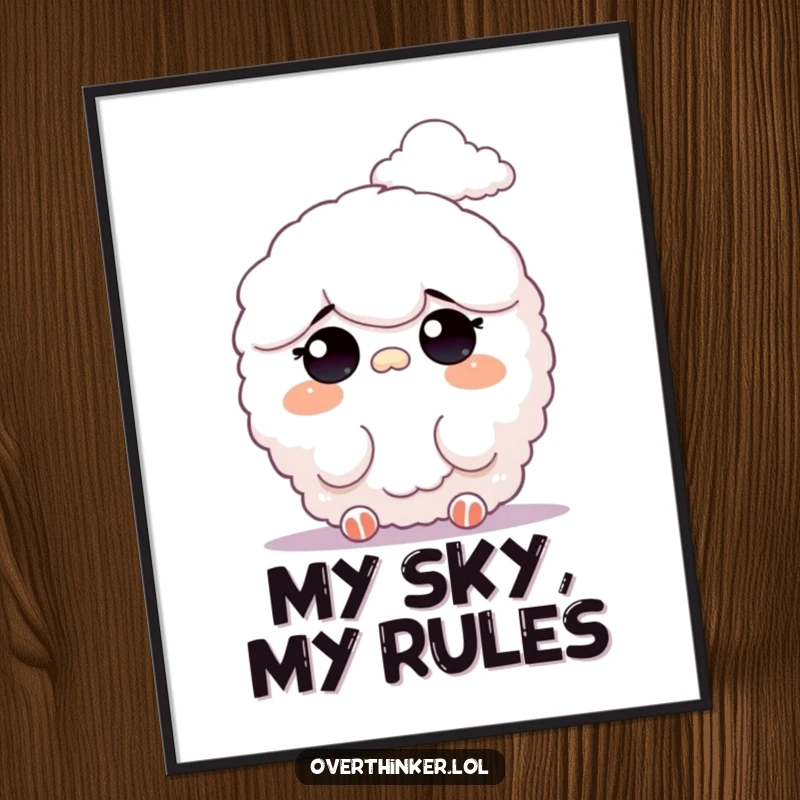 Funny poster print of a fluffy character squinting at a faint, distant cloud formation, symbolizing quiet contemplation and imagination.