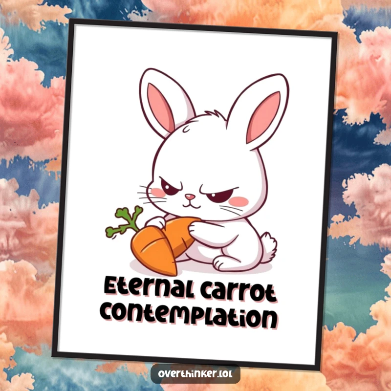 Funny Rabbit Poster of a rabbit with a furrowed brow intensely staring at a carrot, humorous wall art.