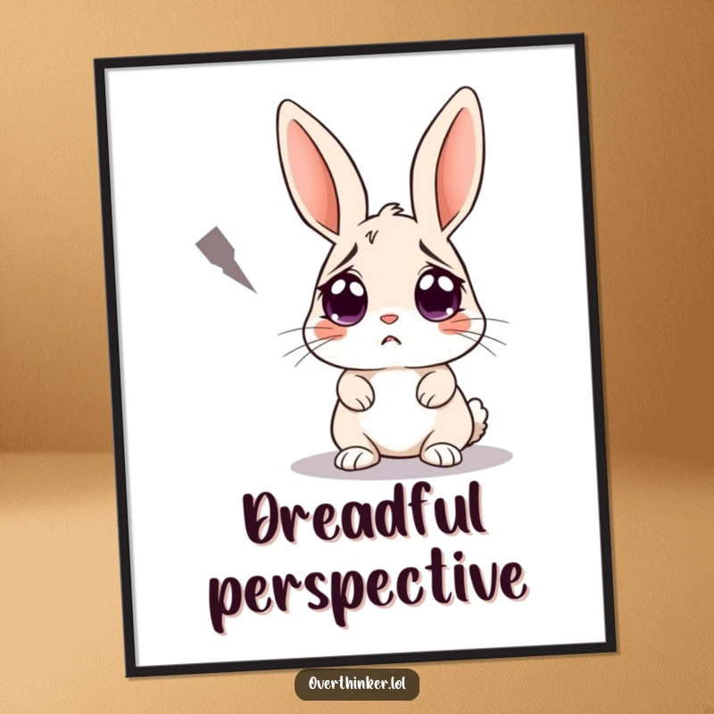 Funny poster showing a rabbit with extremely wide, worried eyes staring intensely at a single, large shadow. Captures paranoia and humor.