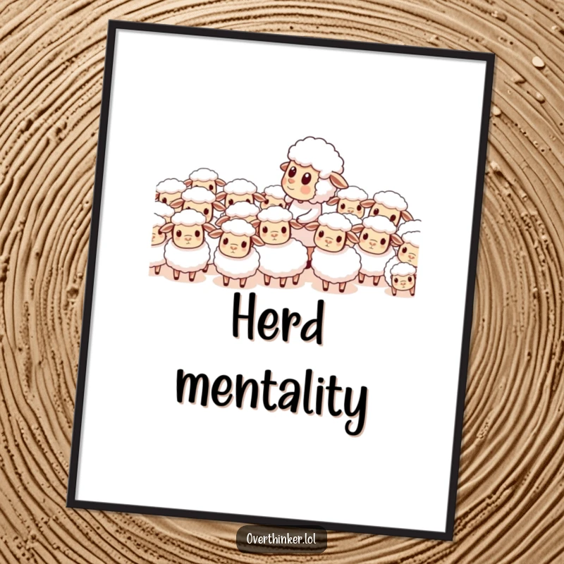 Funny poster artwork of a sheep character trying to count a herd of identical, confused sheep, embodying chaos and a comical lack of control.