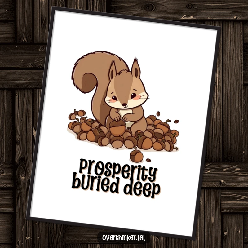 Funny Squirrel Poster of a frantic squirrel burying too many acorns, humorous wall art.