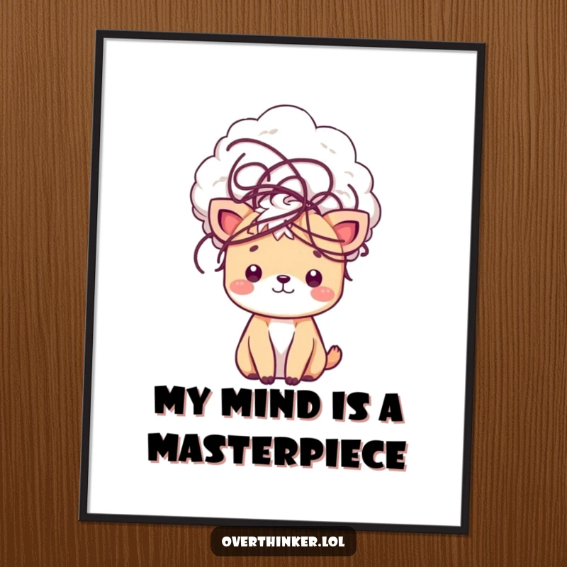 Funny kawaii poster showing a cute animal character with a cloud of tangled thoughts encircling its head, symbolizing mental creativity.