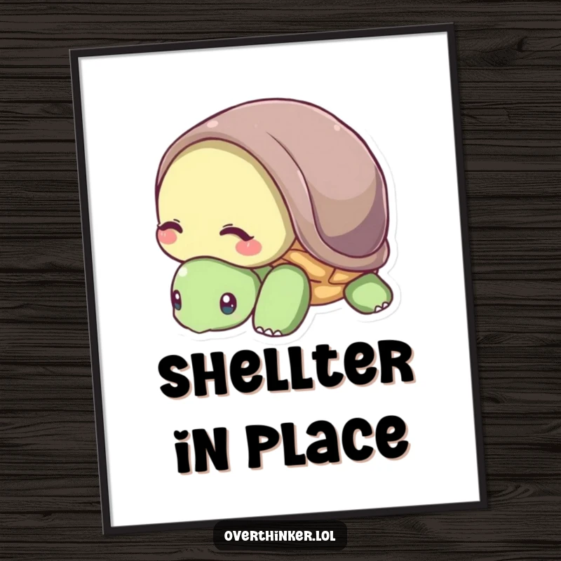 Funny poster illustration of a turtle with its head slightly buried in its shell, symbolizing shyness.