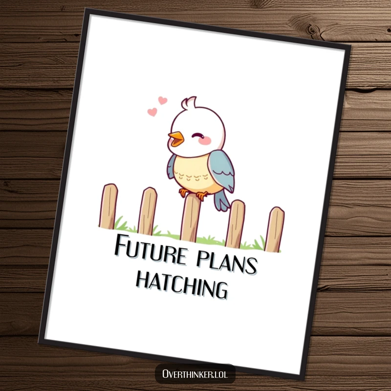 Funny poster art of a cheerful bird on a fence, head tilted, lost in deep, thoughtful consideration.