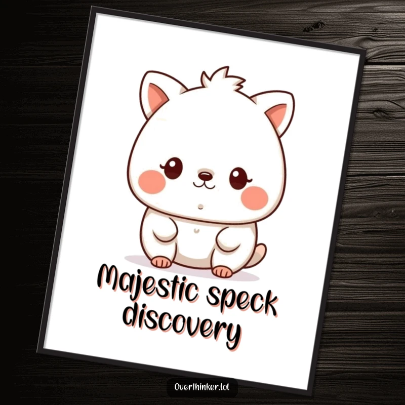 Funny kawaii poster art of a cute animal character intensely focused on a single, minuscule speck, symbolizing deep concentration and observation.