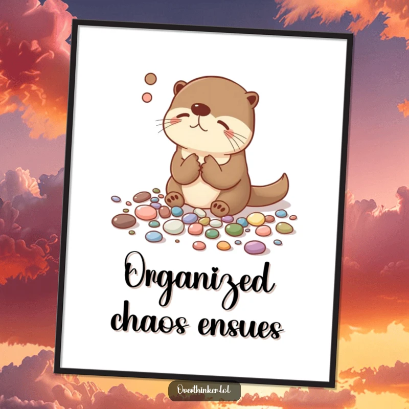 Funny poster featuring an overthinking otter humorously focused on sorting pebbles by size and color, adding a touch of wit to any room.