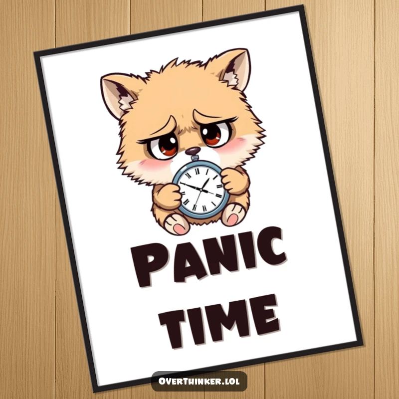 Funny poster art of a furry creature with panicked eyes, checking a miniature watch, capturing the essence of time pressure.
