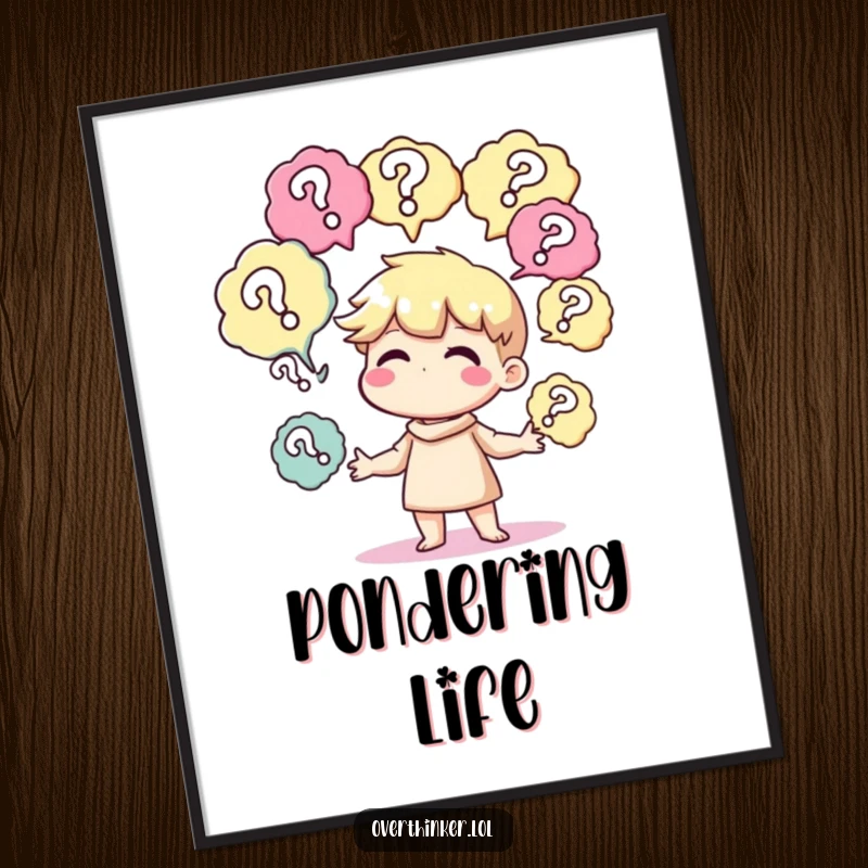 Funny poster art of a character juggling multiple thought bubbles filled with question marks, representing the process of questioning.