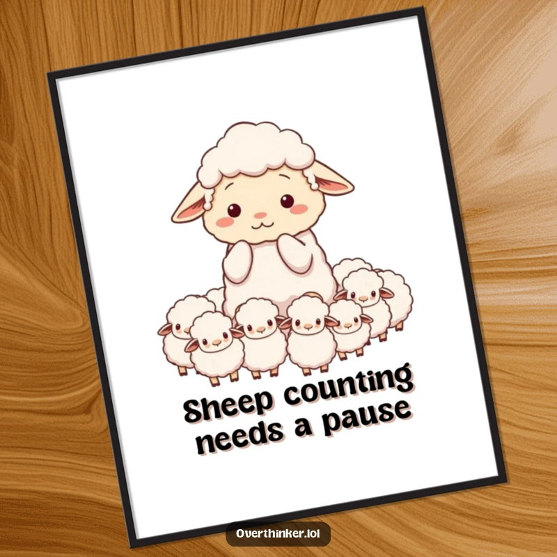 Funny poster art of a sheep character looking stressed while counting an excessive amount of sheep, representing anxiety.