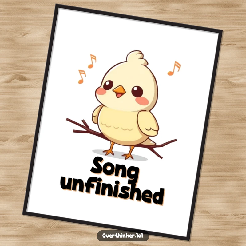Funny Kawaii bird poster, a cute character mid-complex song, hilariously forgetting the ending, capturing humorous artistic struggle.