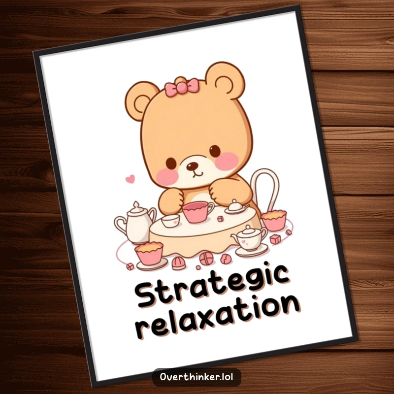 Funny Kawaii bear poster depicting a character meticulously planning a tea party with many small steps, providing whimsical and humorous wall art.