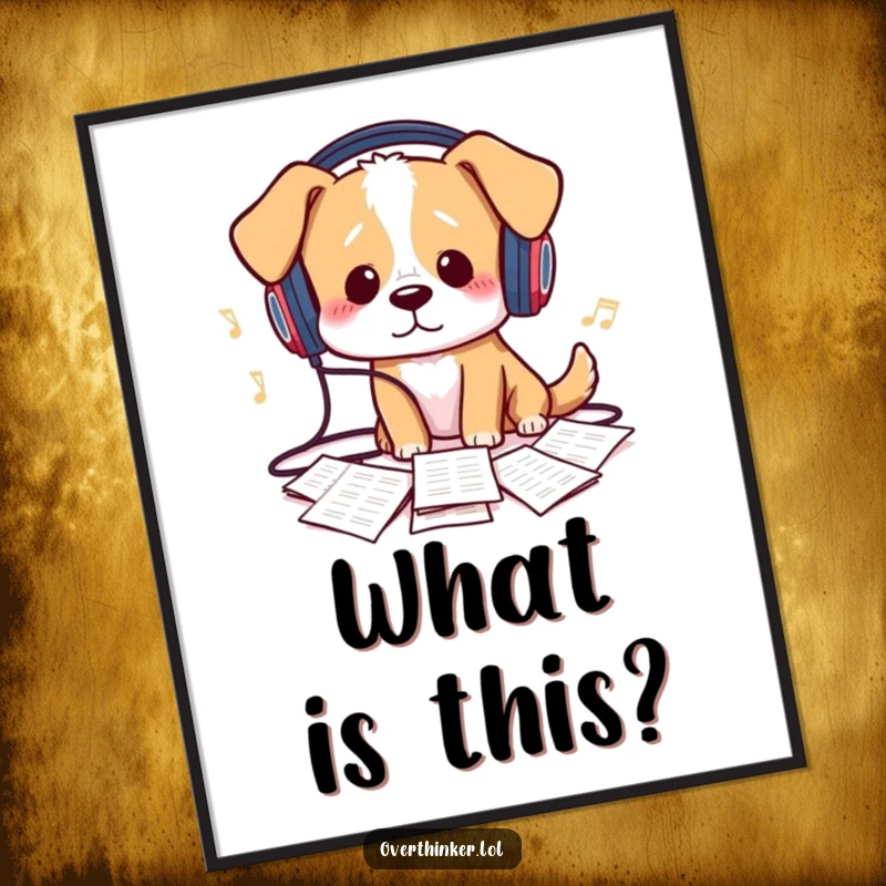 Funny Poster: A dog confused by sheet music and tangled headphones humorously depicts musical struggles, ideal for wall décor.