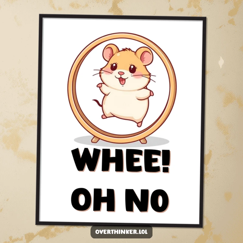 Funny Hamster Poster print of a hamster character running at extreme speed on a rapidly spinning wheel. Dynamic and humorous wall art.