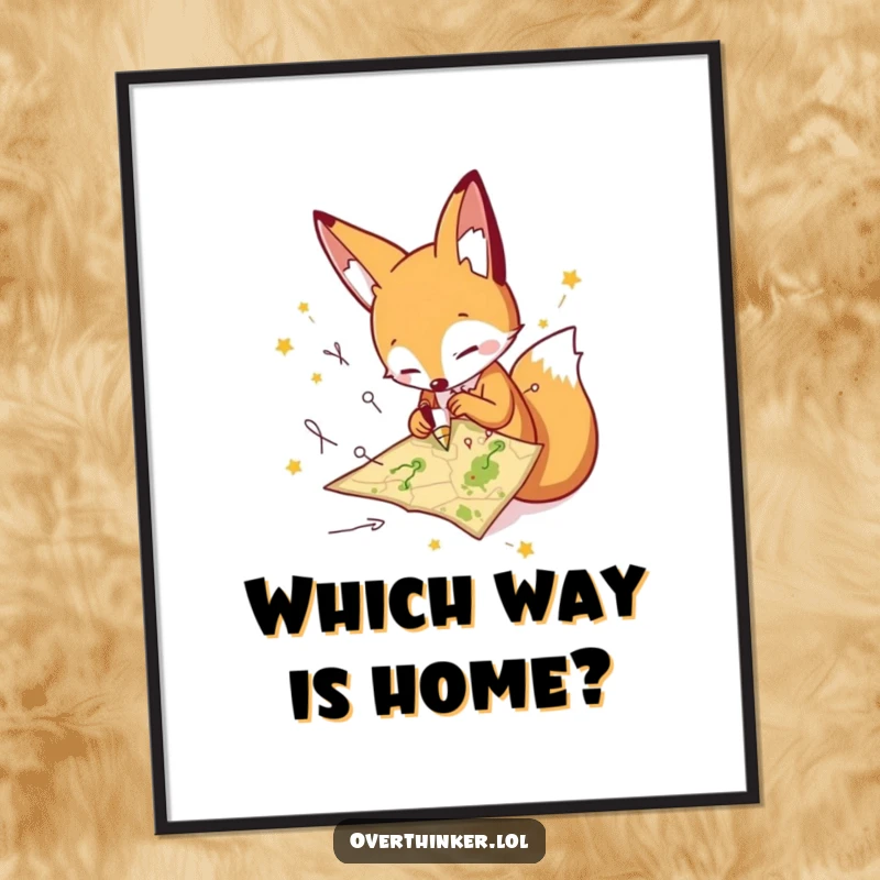 Funny fox poster showcasing a character frantically drawing multiple paths on a small map, conveying the humor of indecision. Great wall art gift.