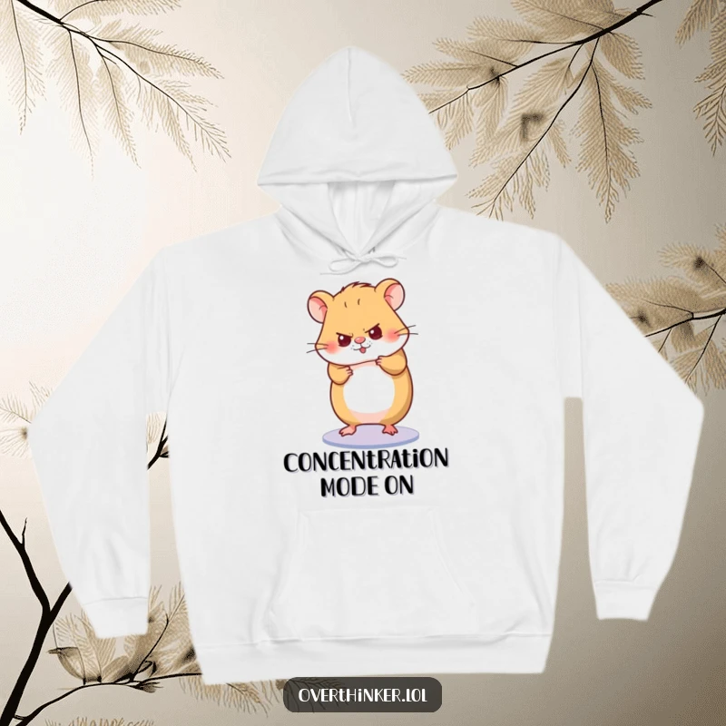 Funny hoodie illustrating a hamster character spinning its wheel with intense concentration, representing dedication and a strong work ethic.
