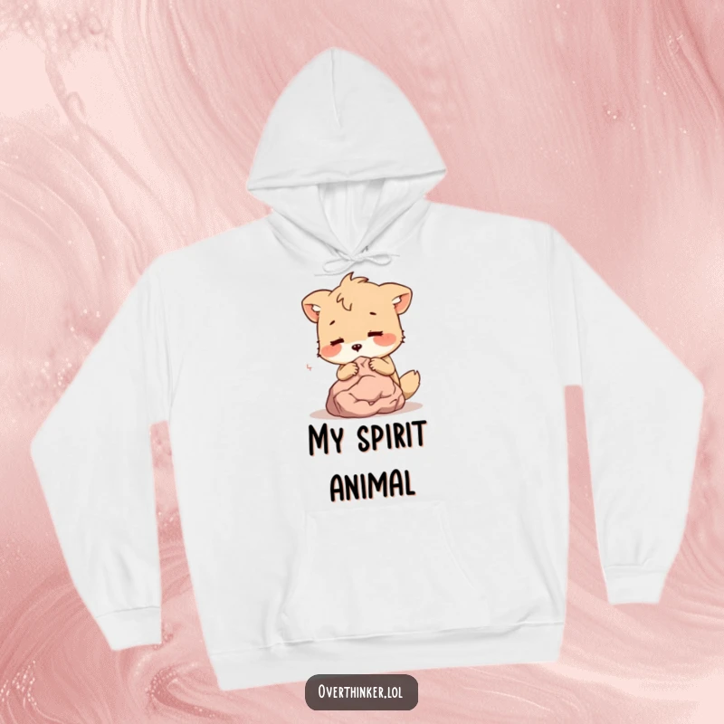 Funny Hoodie: A cute animal character leans in close, whispering secrets to a tiny, silent rock, offering warmth and humor.