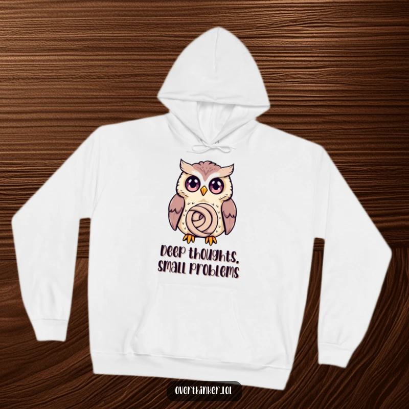 Funny Owl Hoodie displaying a wide-eyed owl excessively thinking about a small knot, a humorous piece for gift-givers.