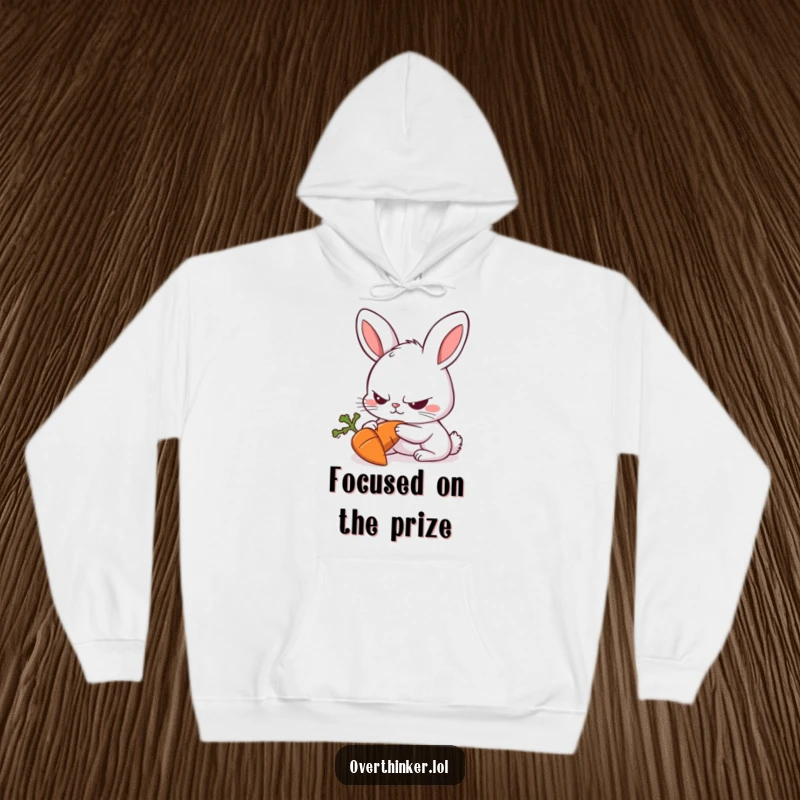 Funny Rabbit Hoodie depicting a rabbit with a furrowed brow staring intently at a carrot, a humorous garment.