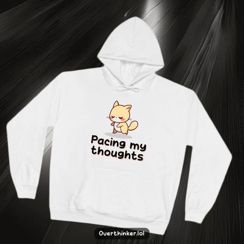 Funny hoodie featuring a creature nervously pacing in a small loop, radiating anxious but endearing vibes.