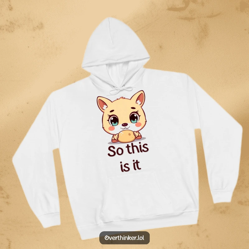 Funny hoodie design of an animal character with exaggeratedly large, staring eyes, focused intently on a basic, unexciting object.