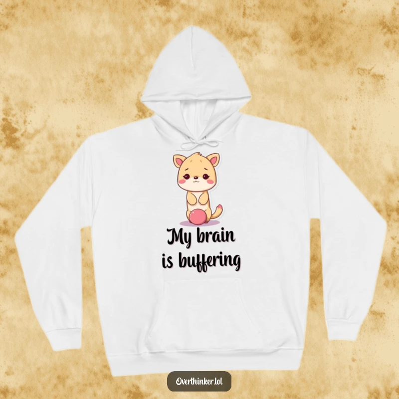 Funny kawaii animal hoodie showing a cute animal with its head stuck in a giant question mark, looking dazed.