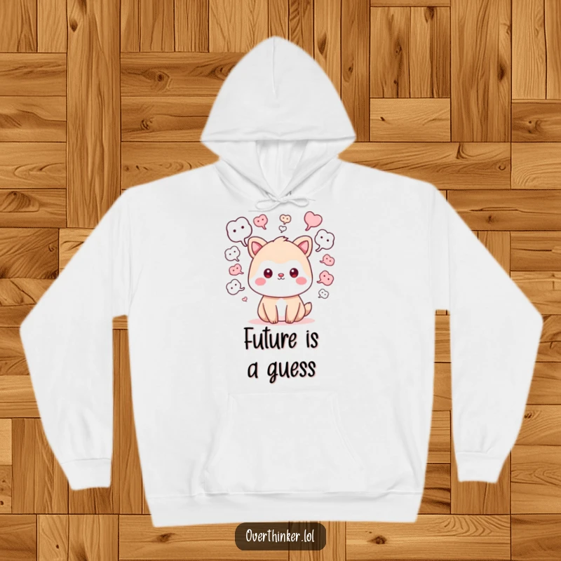 Funny kawaii hoodie with a cute animal character surrounded by 'what if' thought bubbles, perfect for cozy contemplation and dreaming.