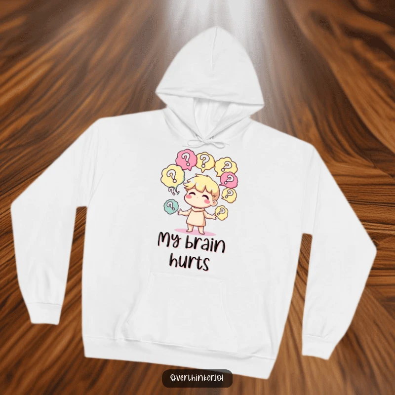 Funny hoodie featuring a character expertly juggling thought bubbles filled with question marks, embodying curiosity and wonder.